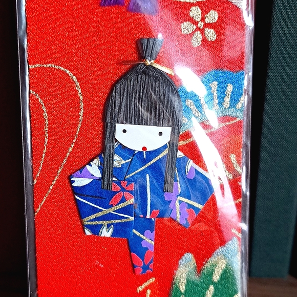 Vtg Y2k Handmade Japanese Geisha Girl Bookmark Red Fabric Blue Kimono Unique NIP - Picture 3 of 7